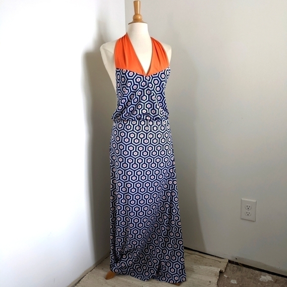 Nwt Mudd Convertible Halter Mod Maxi Dress Navy and Orange S - Picture 1 of 12